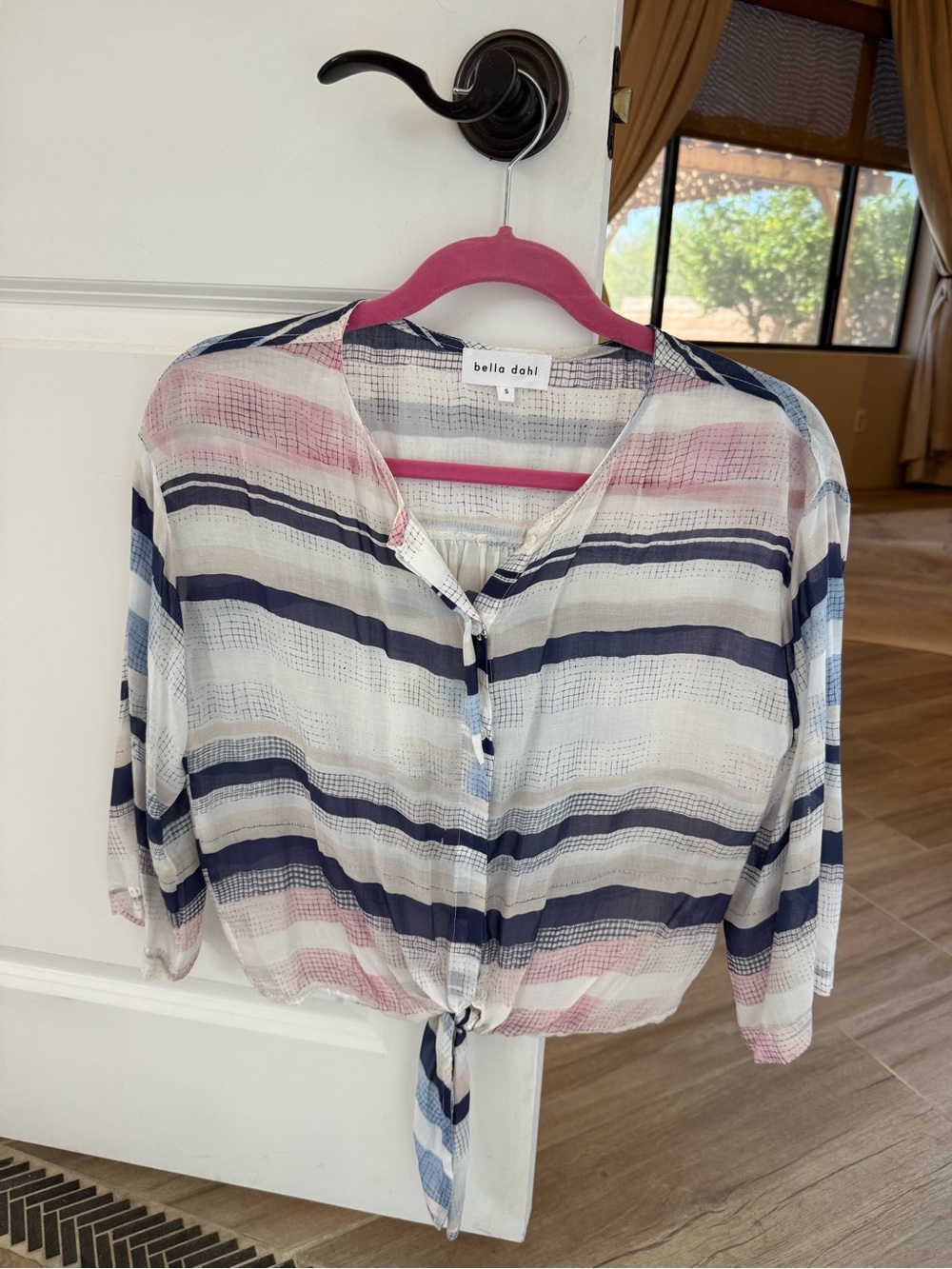 Bella Dahl Pink and Navy Striped Tie-Hem Blouse